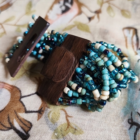 Wood Clasp Seed Beaded Blue Turquoise Cream Twisted Stretch Vintage Bracelet MCM - Picture 9 of 16